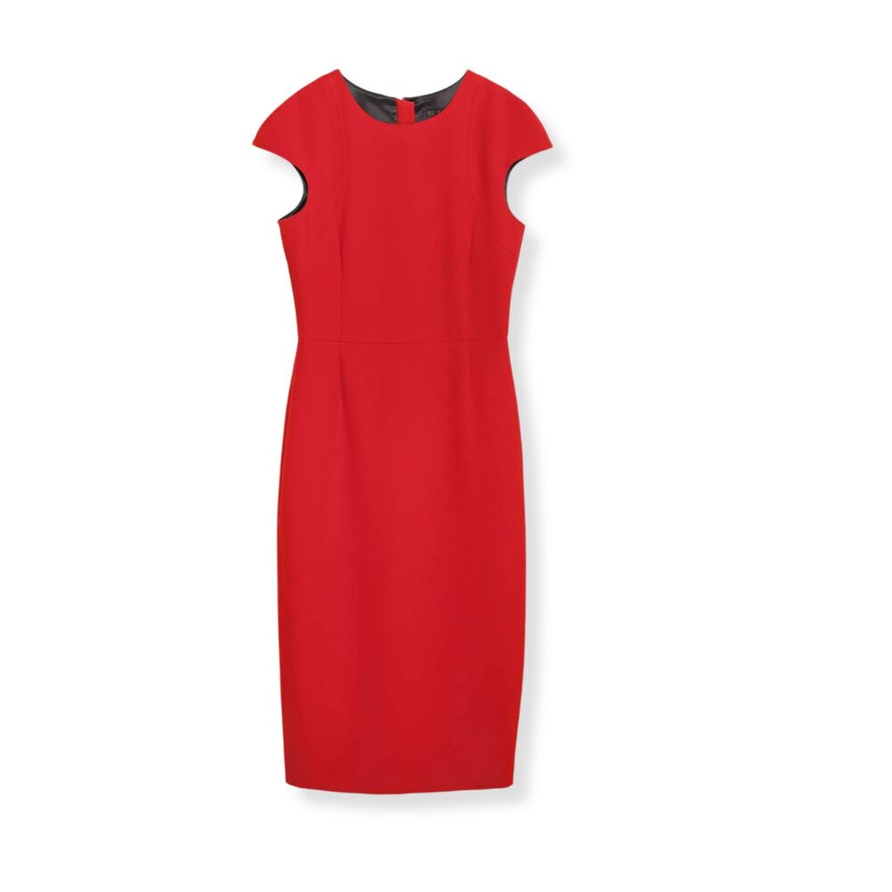 Zara Red Sheath Midi Dress Small Cap Sleeve Exposed Zip Bodycon Career